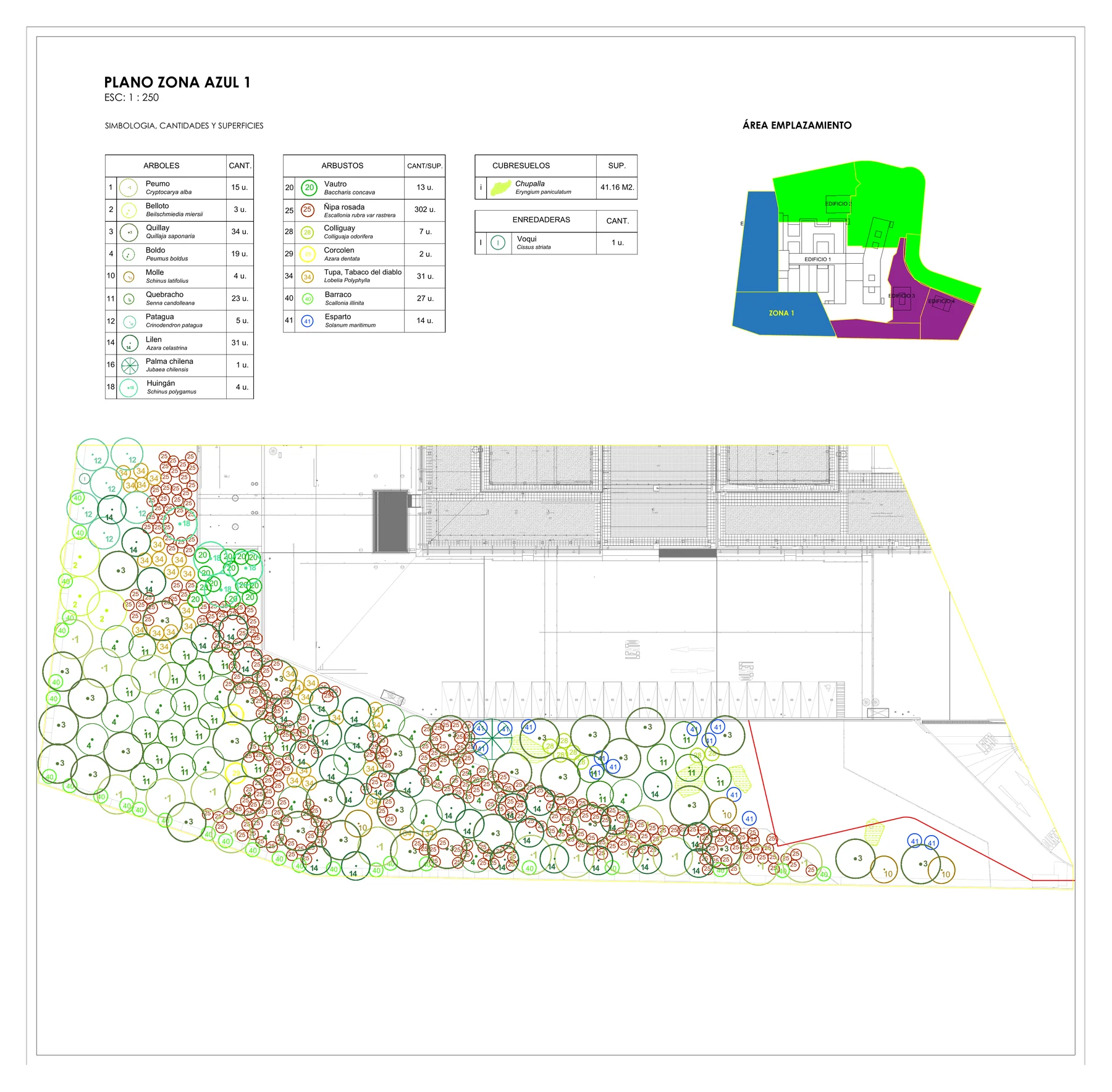 Plano de plantación Zona Azul 1, Hospital Provincial Marga Marga, con simbología de árboles, arbustos, cubresuelos y enredaderas