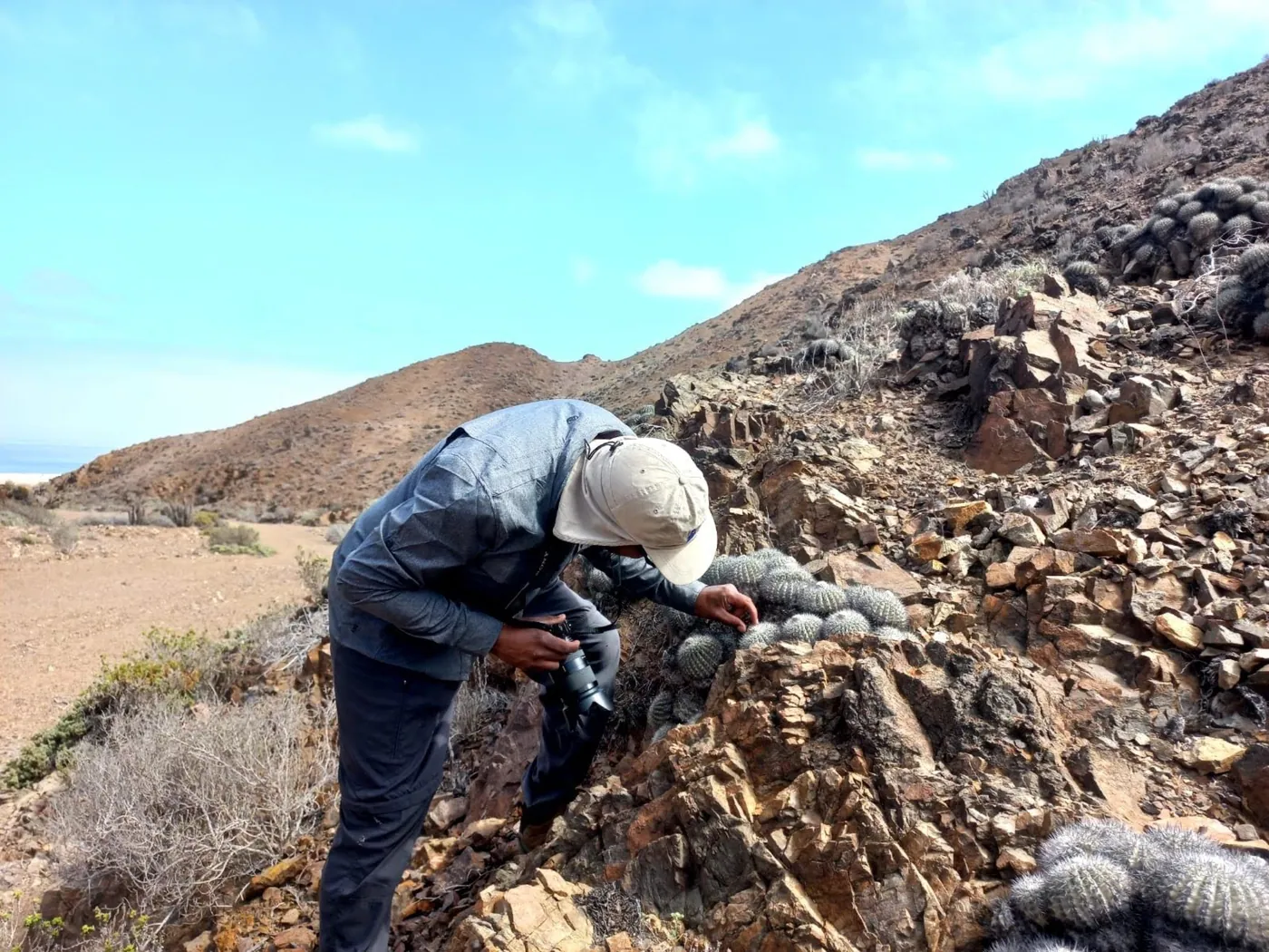 Trabajo de registro fotográfico en terreno sobre ladera rocosa